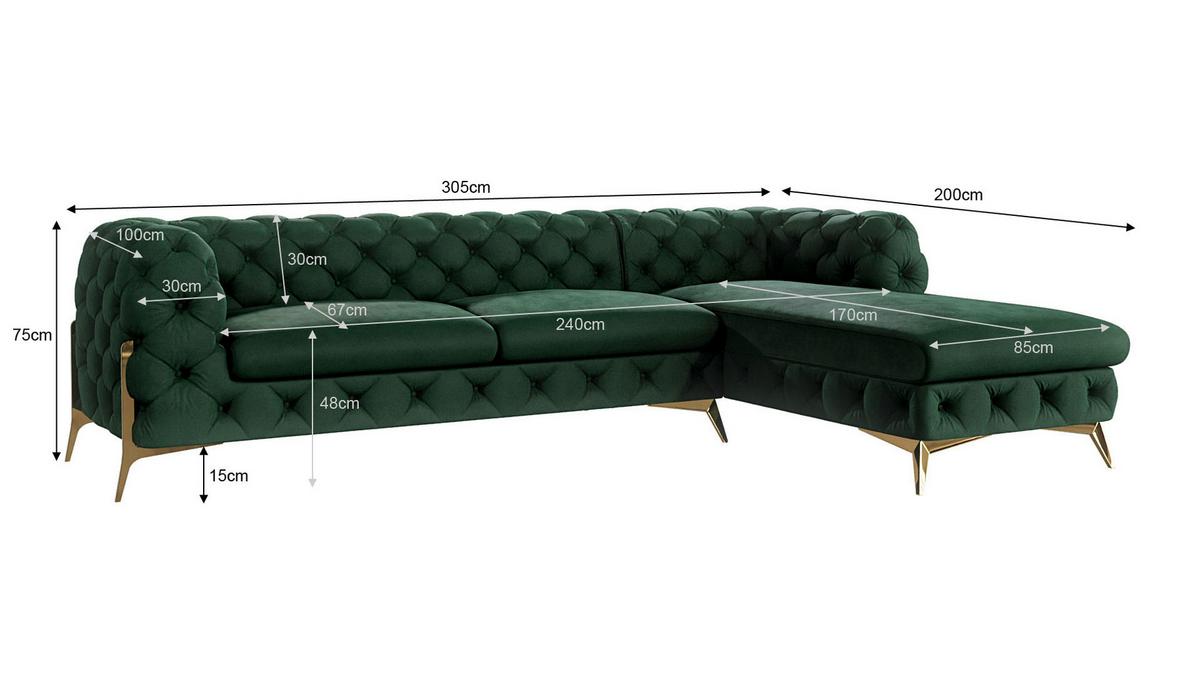 ECKSOFA Chesterfield Lexi Flasche Grün Samt, Ottomane rechts - Smaragdgrün/Goldfarben, Holz/Textil (305/200cm) - S-Style