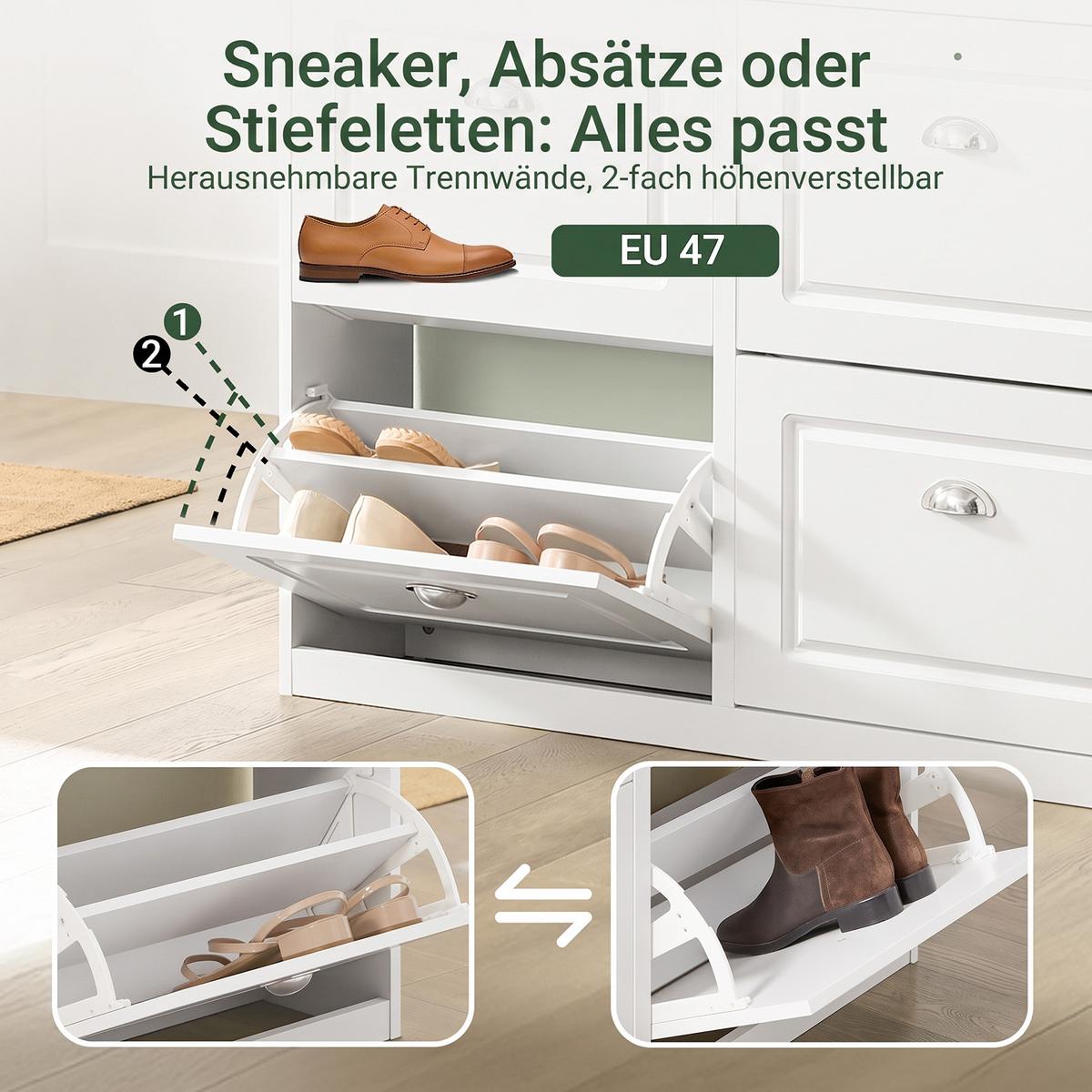 SCHUHSCHRANK, Weiß, nur 24 cm tief, 4 Klappen für 16 Paar, schmal für Flur, Diele & hinter der Tür - Weiß, Holzwerkstoff (105/82/24cm) - SoBuy