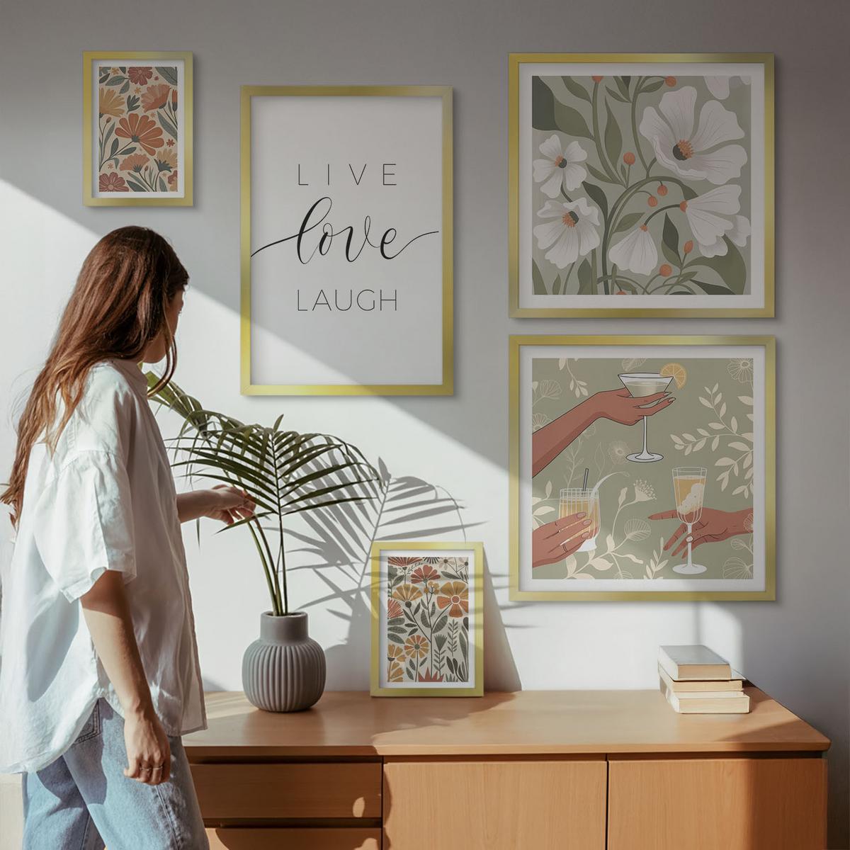 BILDER SET 5er Set - 50x50 cm & 20x30 cm & 40x60 cm Goldrahmen - Boho-Pflanzenmuster - Goldfarben, Kunststoff (40/60cm) - TULUP