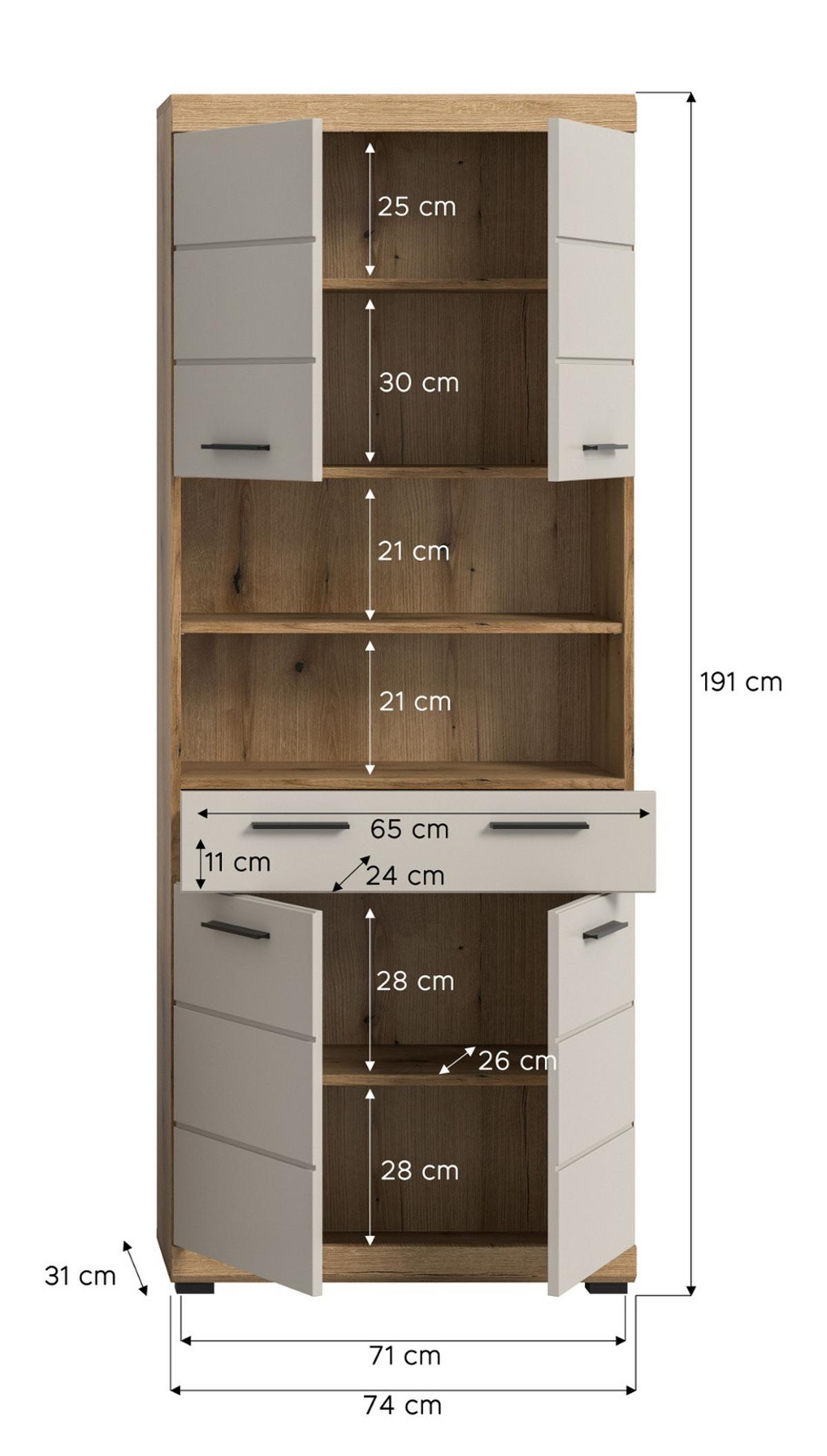 HOCHSCHRANK Sand Kaschmir, Evoke Eiche, Badschrank 74 cm, 4-türig - Sandfarben/Kaschmir, Holzwerkstoff/Kunststoff (74/191/31cm) - Inn.Furn