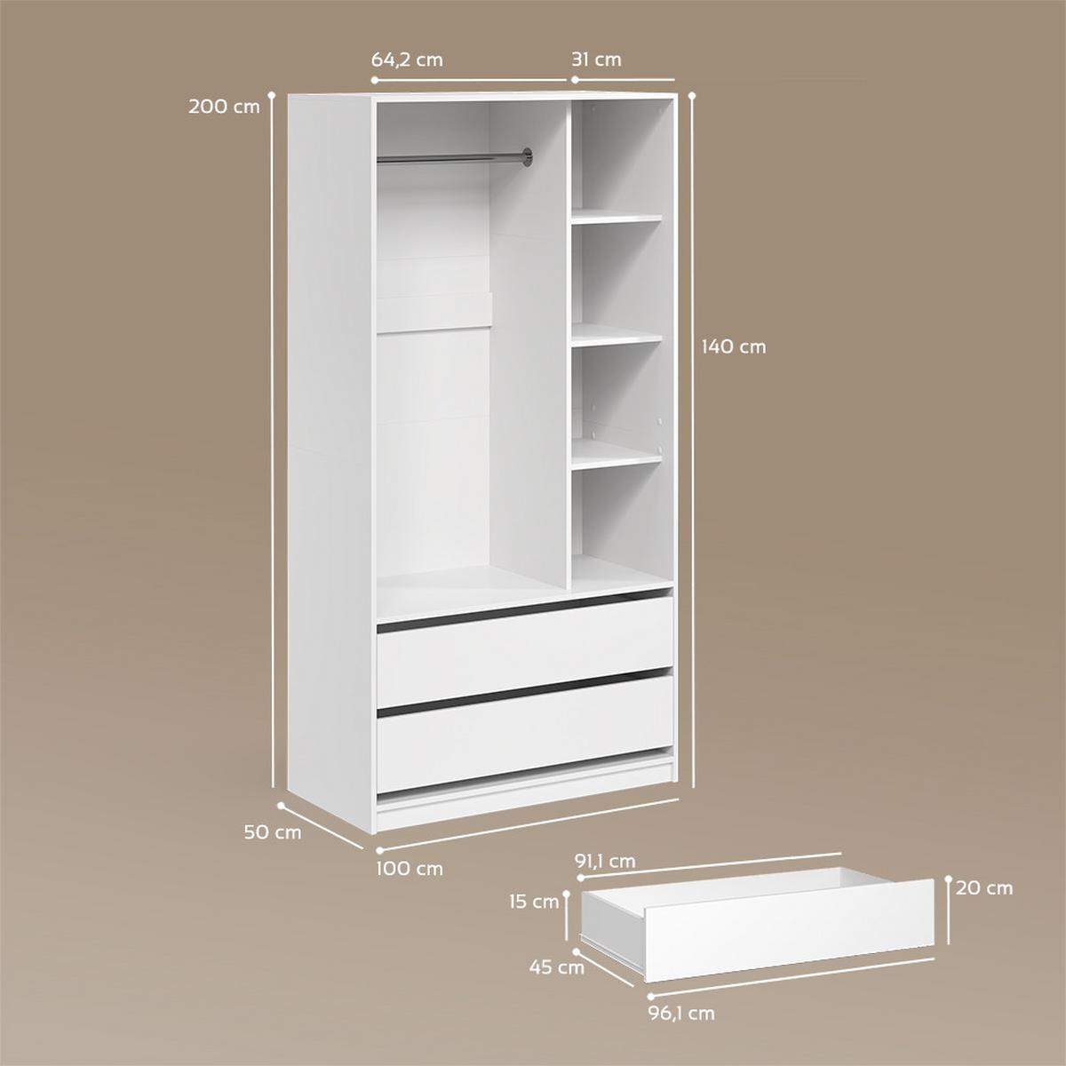 KLEIDERSCHRANK Trento Weiß mit 2 Schubladen - Weiß, Holzwerkstoff (100/200/50cm) - Livinity®