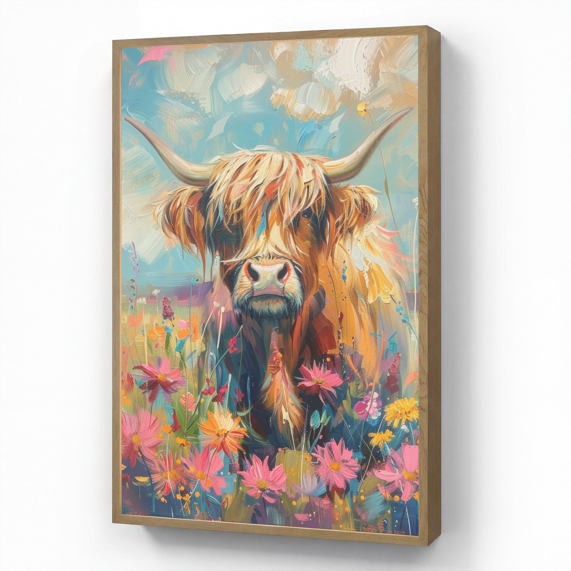 WANDLEUCHTE MIT AKKU Schottische Hochländer - Natur - Farbenfroh - Blumen 60x90 cm - Multicolor, Holzwerkstoff (60/90/8cm) - OnlyWow