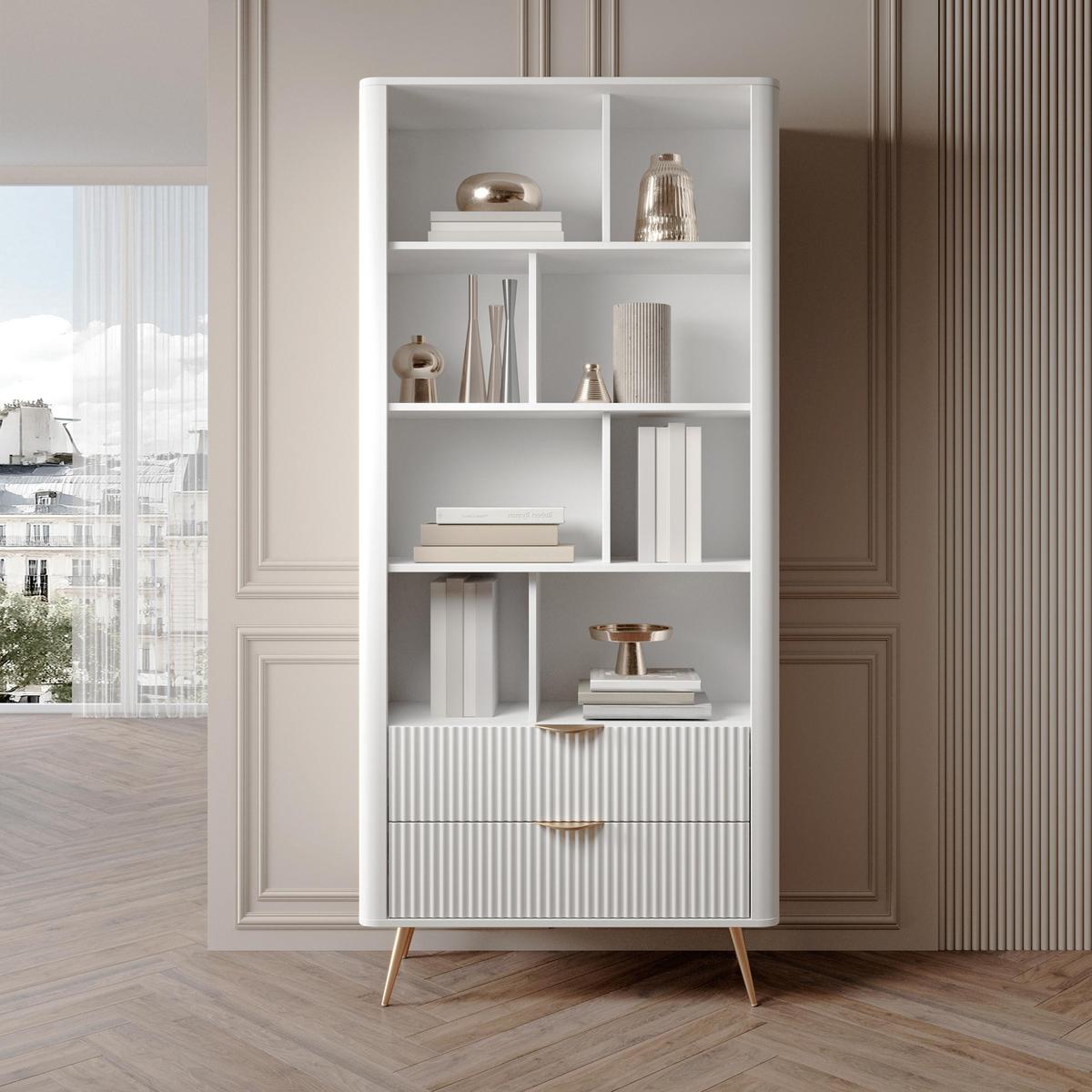 REGAL Vespasia 2S Beige 88,2/193,8/38 cm – Geriffelte Fronten - Goldfarben/Weiß, Holzwerkstoff/Metall (88.2/193.8/38cm) - AX Living