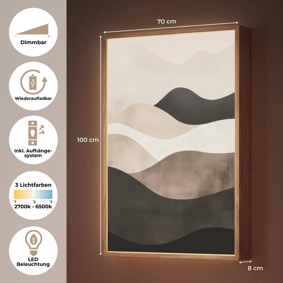 WANDLEUCHTE MIT AKKU Abstrakt - Landschaft - Wellen - Cremefarben 70x100 cm - Graubraun, Holzwerkstoff (70/100/8cm) - OnlyWow