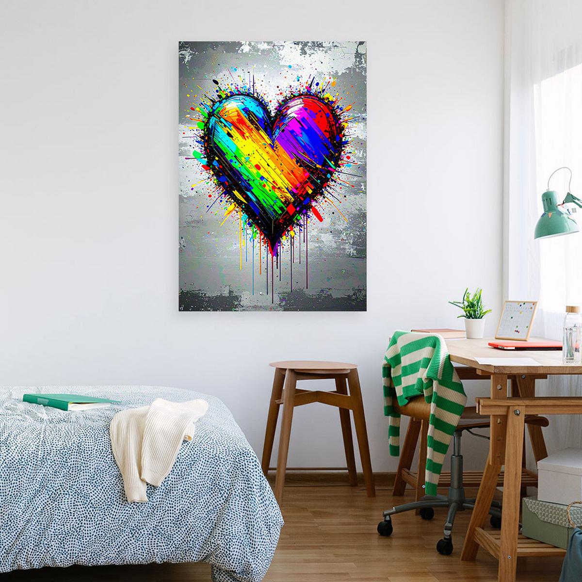 LEINWANDBILD Buntes Herz Graffiti Street Art 80x120cm - Multicolor, Textil (80/120cm) - Feeby
