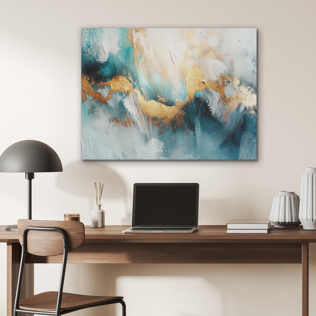 AKUSTIKBILD Abstrakt - Kunst - Gold - Blau Gemälde 80x60 cm - Petrol, Kunststoff (80/60/0.9cm) - MuchoWow