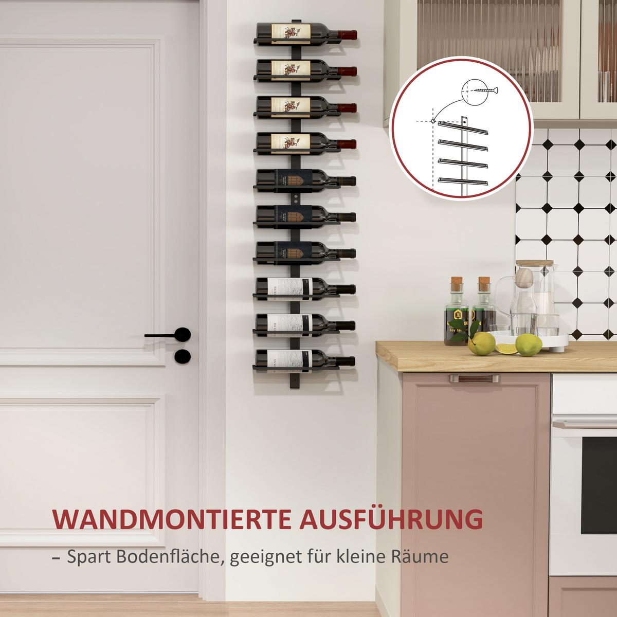 WEINREGAL Flaschenregal zur Wandmontage für 10 Weinflaschen, Stahl Schwarz - Schwarz, Metall (10/116/27cm) - HOMCOM