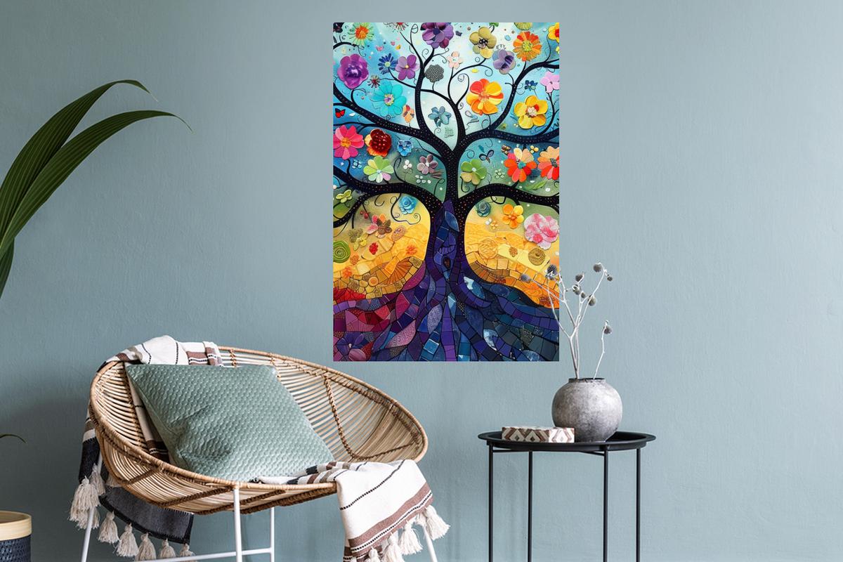 WANDTATTOO Kunst - Baum des Lebens - Blumen - Hippie Wandbild 40x60 cm - Dunkelblau, Kunststoff (40/60/0.1cm) - MuchoWow