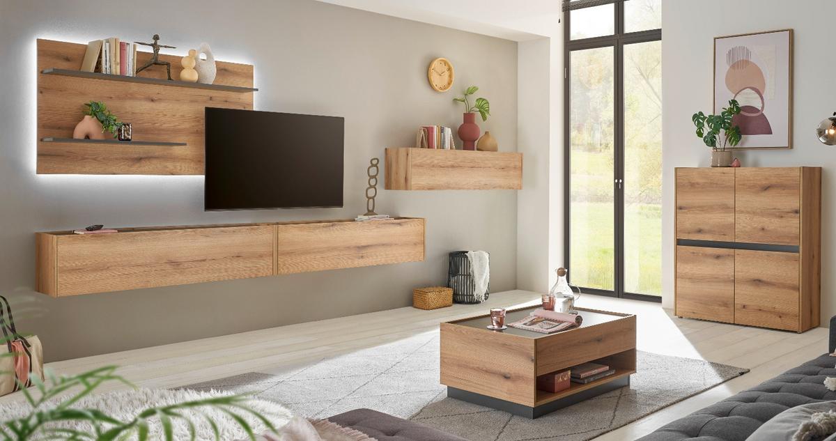 WOHNWAND Evoke Eiche, grau, Set 4-teilig 400 cm inklusive Beleuchtung - Eichefarben/Grau, Holzwerkstoff/Metall (400/180/30cm) - Furn.Design