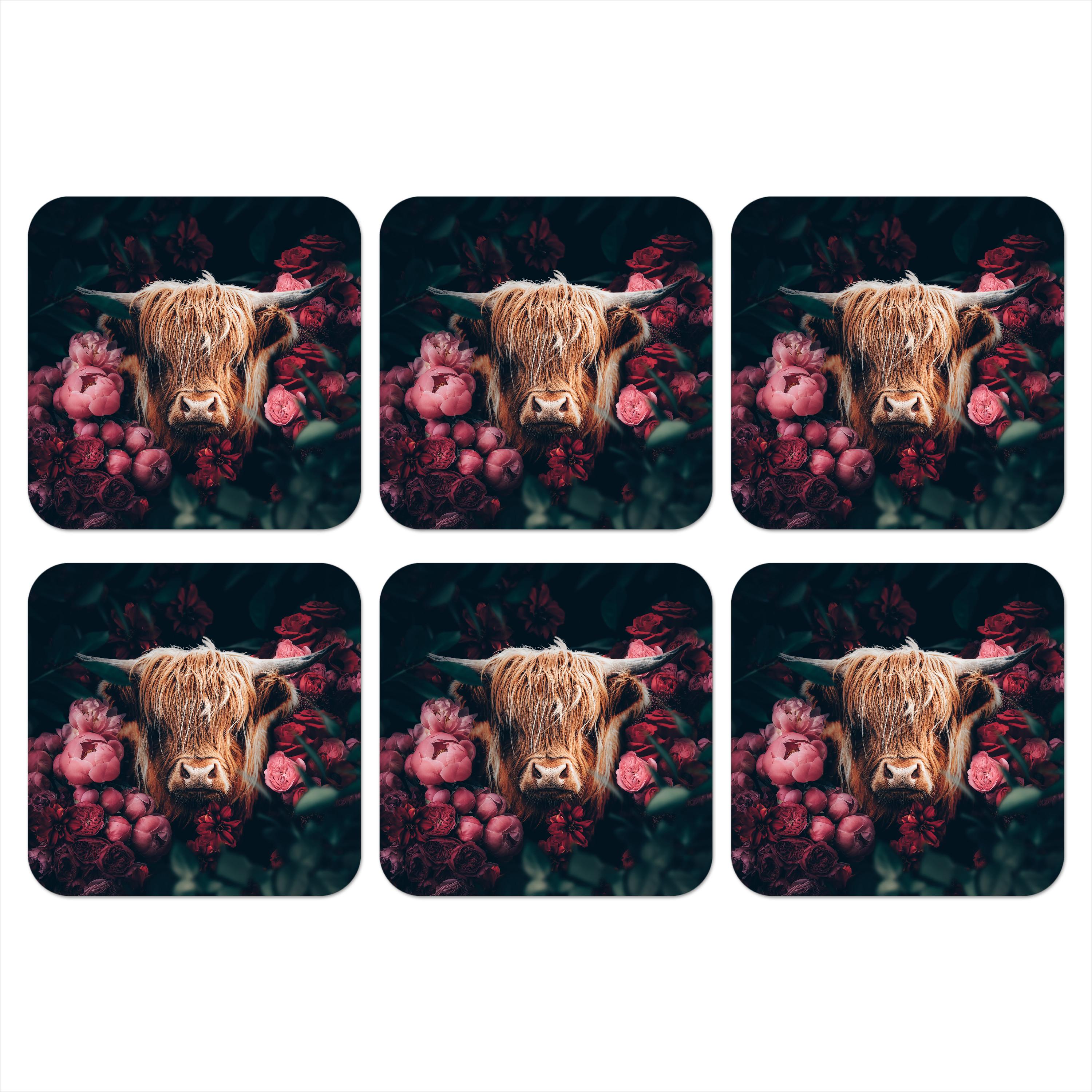 GLASUNTERSETZER 6er-Set Kuh - Schottischer Highlander - Blumen - Botanisch Telleruntersetzer 10x10 cm - Pink, Naturmaterialien (10/0.2cm) - MuchoWow