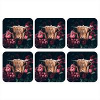 GLASUNTERSETZER 6er-Set Kuh - Schottischer Highlander - Blumen - Botanisch Telleruntersetzer 10x10 cm - Pink, Naturmaterialien (10/0.2cm) - MuchoWow