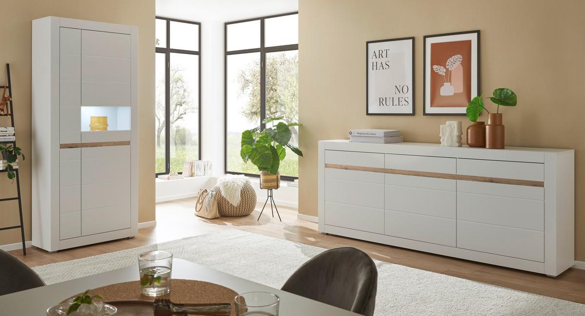 SIDEBOARD weiß matt, Evoke Eiche, Kommode 217 x 90 cm, Soft-Close-Funktion - Eichefarben/Silberfarben, Holzwerkstoff/Kunststoff (217/90/42cm) - Furn.Design