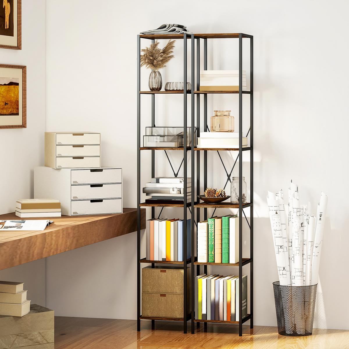 BÜCHERREGAL 2er Set Spanplatte Kohlenstoffstahl Rustikal-Braun - Schwarz/Braun, Holzwerkstoff/Metall (30/174.5/30cm) - HOMCOM