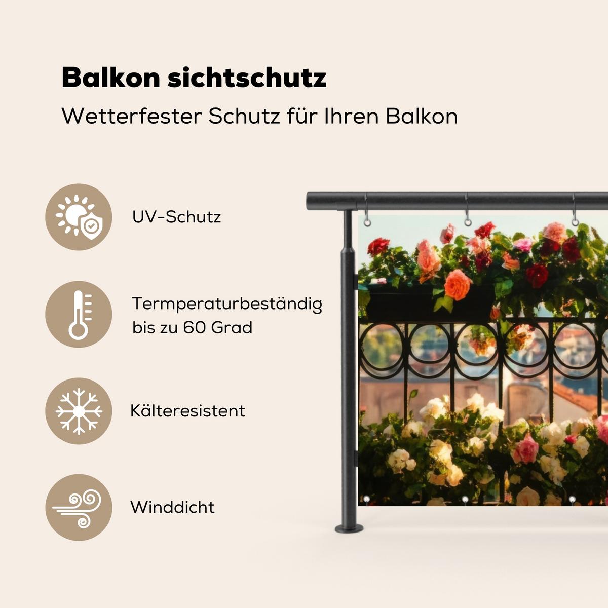 BALKON-SICHTSCHUTZ Blumen - Zaun - Stadtbild - Sommer Balkon Deko 300x110 cm - Pink, Kunststoff (300/110cm) - MuchoWow