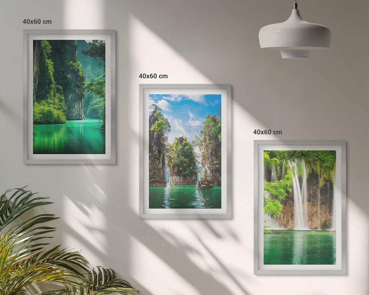 BILDER SET 3er Set - 40x60 cm Silberner Rahmen - Grüne Landschaften, Wasserfälle - Silberfarben, Kunststoff (40/60cm) - TULUP