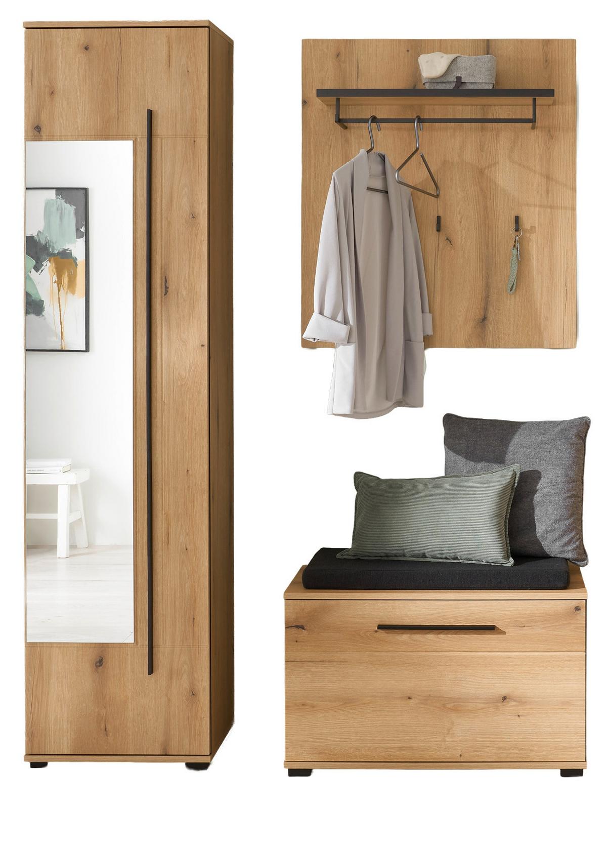 GARDEROBEN-SET Evoke Eiche 4-teilig 140 cm, Flurgarderobe mit Spiegel - Dunkelgrau/Eichefarben, Glas/Holzwerkstoff (140/200/40cm) - Furn.Design