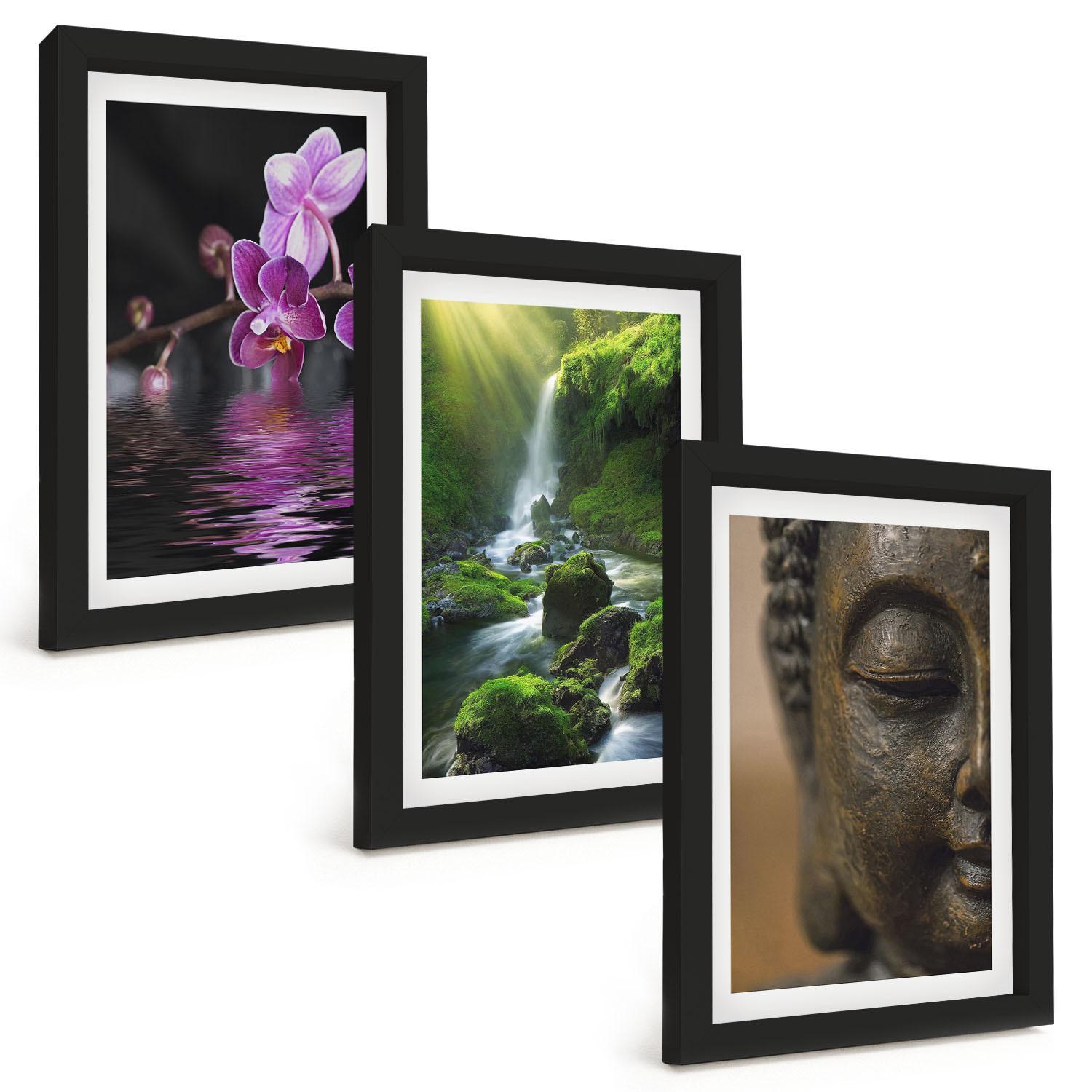 BILDER SET 3er Set - 20x30 cm Schwarzer Rahmen - Blumen, Wasserfall, Buddha-Felsen, Zen - Schwarz, Kunststoff (20/30cm) - TULUP