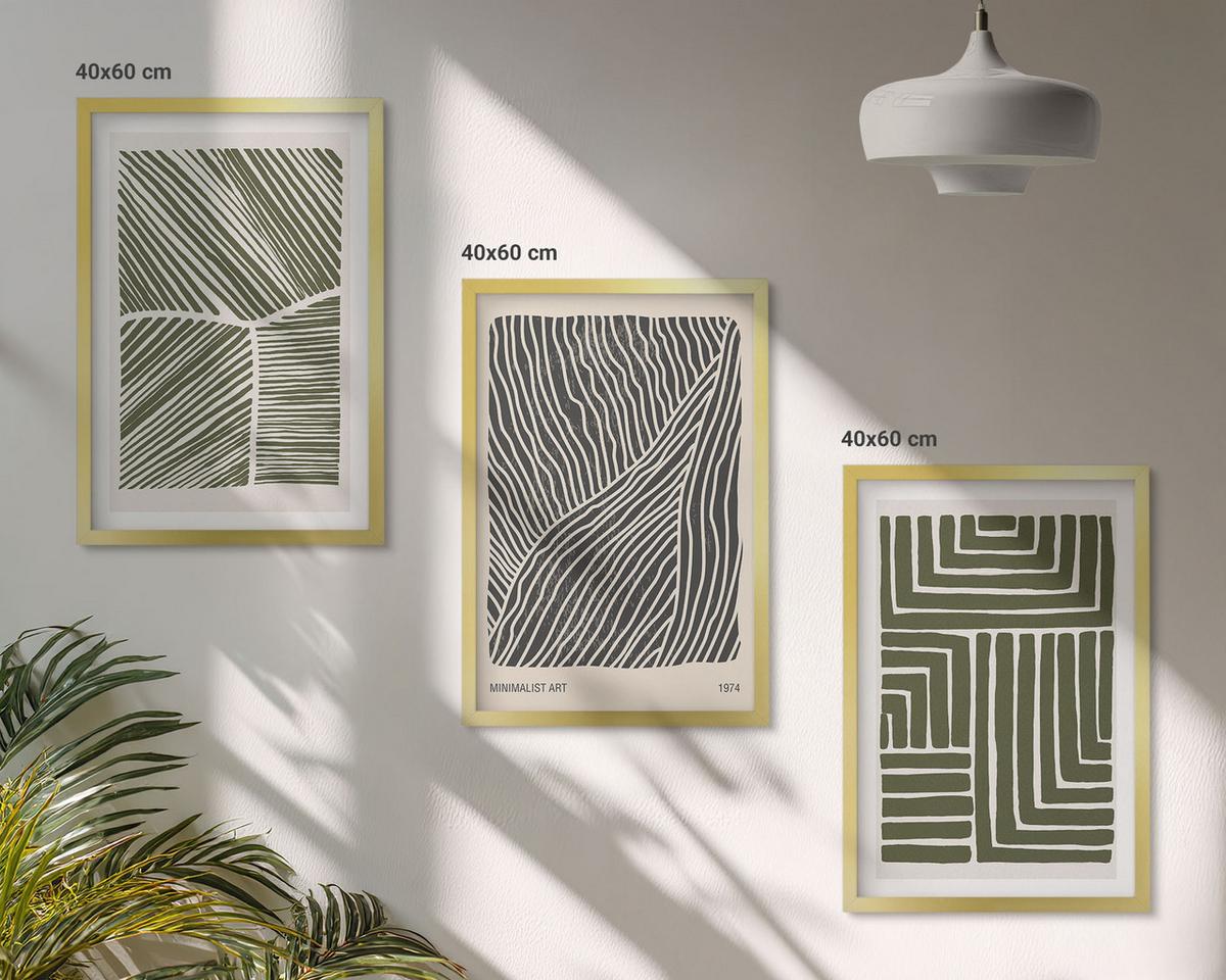 BILDER SET 3er Set - 40x60 cm Goldrahmen - Muster Linien Formen grün - Goldfarben, Kunststoff (40/60cm) - TULUP