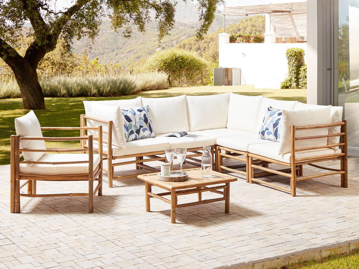 LOUNGE SET 6-Sitzer Bambusholz hellbraun 3-teilig Auflagen cremeweiß Cerreto - Creme, Holz - Beliani