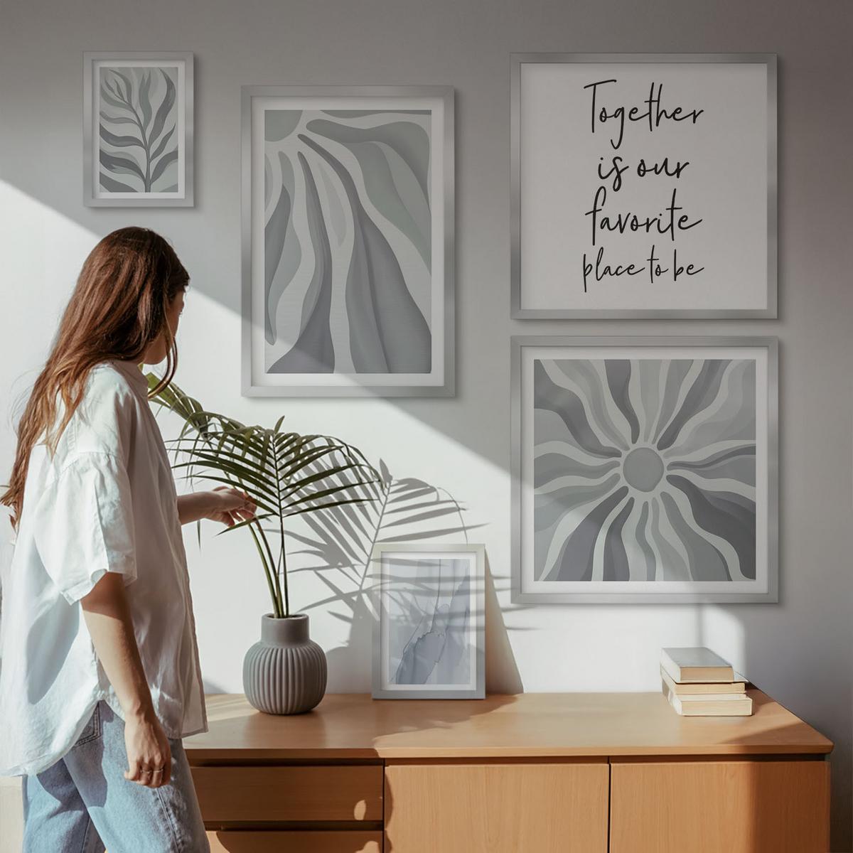 BILDER SET 5er Set - 50x50 cm & 20x30 cm & 40x60 cm Silberner Rahmen - Illustrationen mit floralen Pastellmustern - Silberfarben, Kunststoff (40/60cm) - TULUP