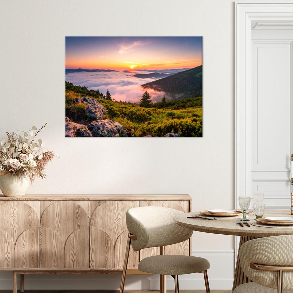 LEINWANDBILD Landschaft Berge im Nebel Sonnenuntergang 60x40cm - Multicolor, Textil (60/40cm) - Feeby
