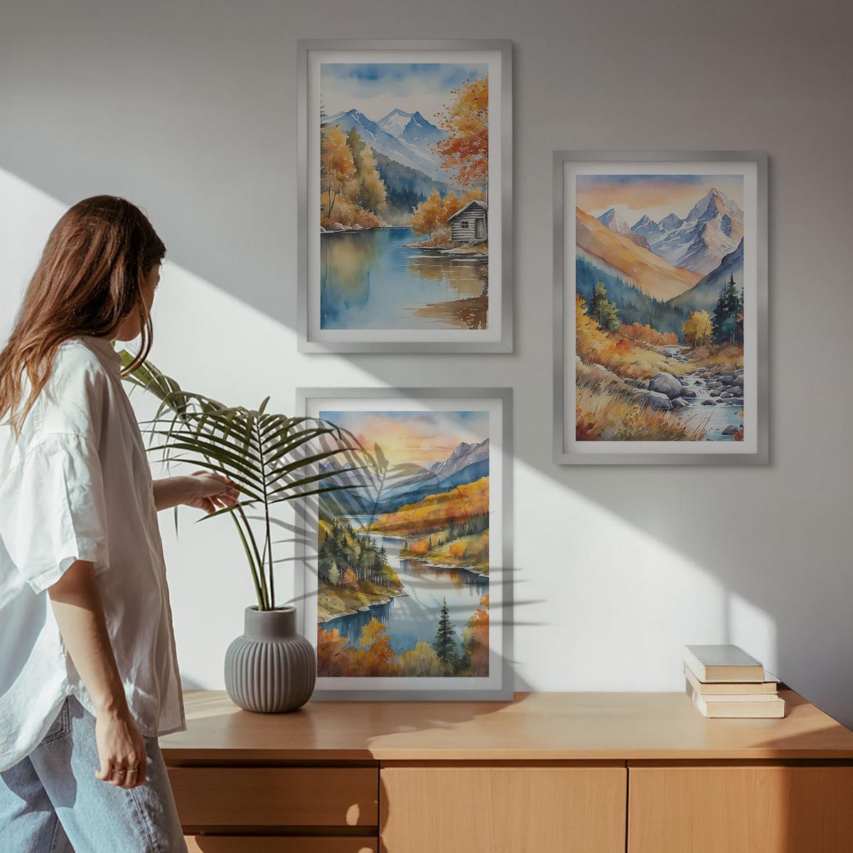 BILDER SET 3er Set - 40x60 cm Silberner Rahmen - Berglandschaft, Fluss, Herbst - Silberfarben, Kunststoff (40/60cm) - TULUP