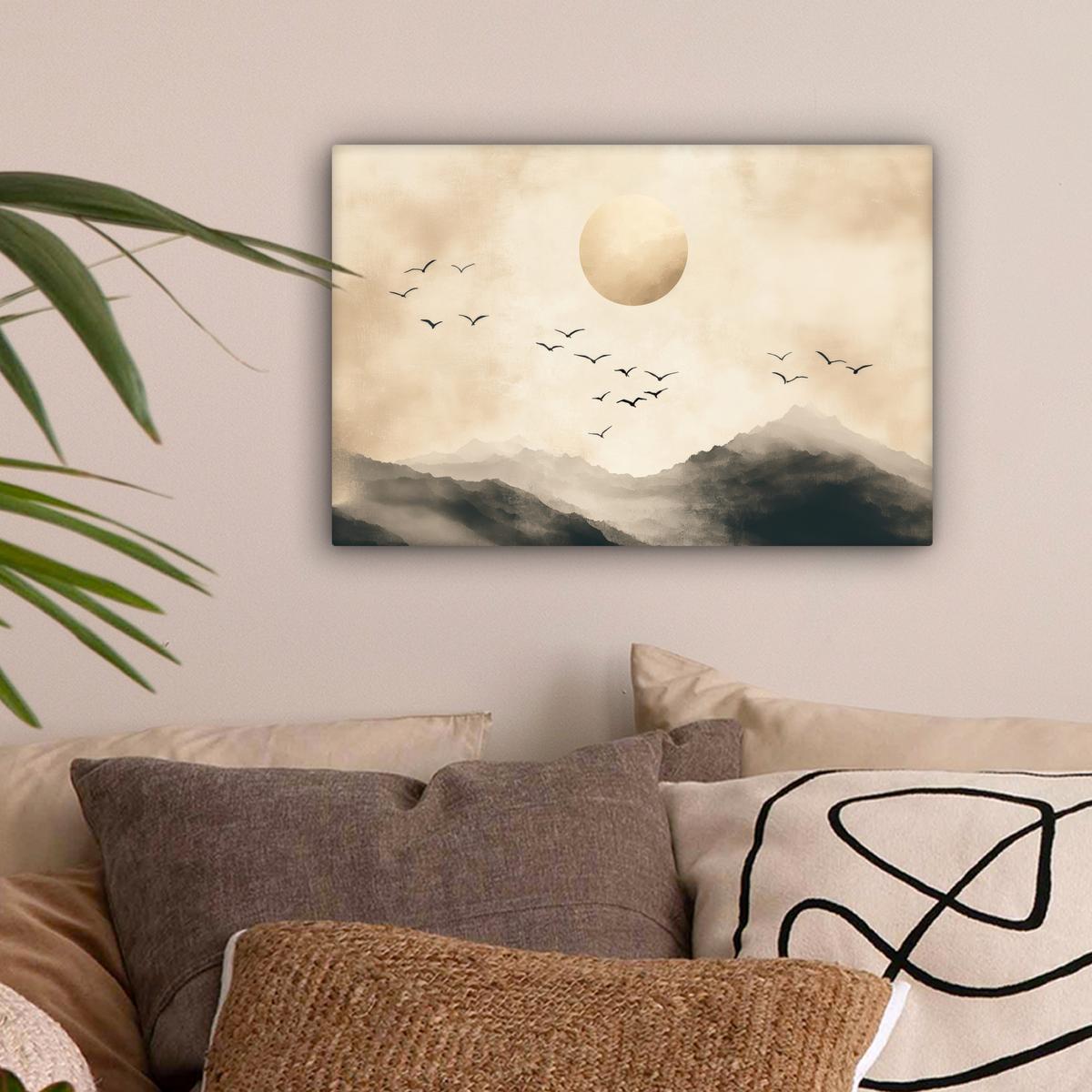 LEINWANDBILD Landschaft - Japandi - Vogel Deko Schlafzimmer 30x20 cm - Beige, Textil (30/20cm) - MuchoWow
