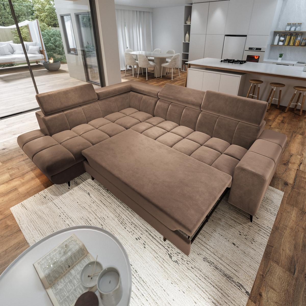 ECKSOFA MORIVA L-S Beige Velours-Stoff mit Schlaffunktion - Beige, Holz (253/190cm) - MASSENO