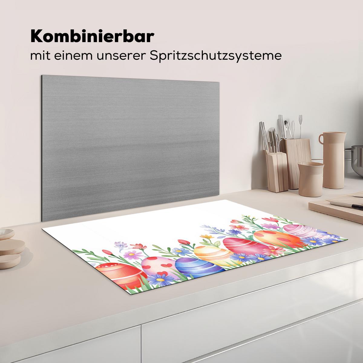 HERDABDECKPLATTE Blumengarten - Bunt - Eier Ceranfeldabdeckung 80x52 cm - Weiß, Kunststoff (80/52/0.2cm) - MuchoWow