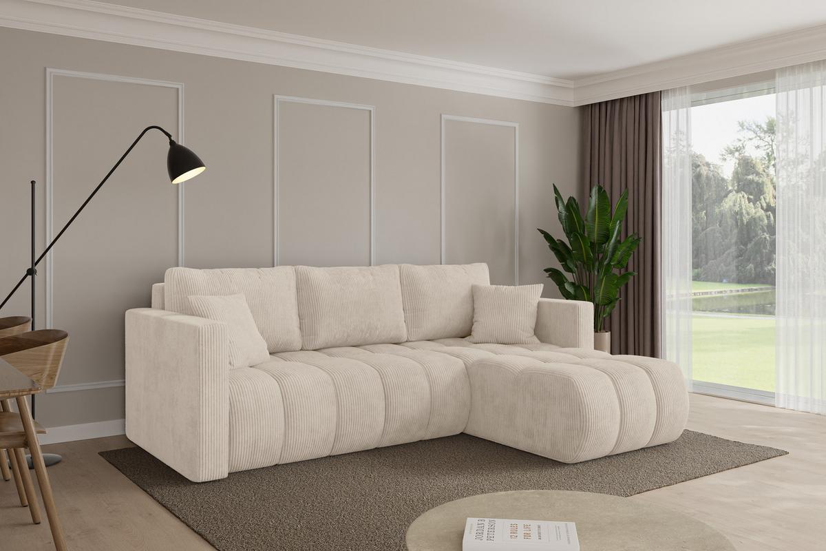 ECKSOFA mit Schlaffunktion Ottomane Rechts GARD-L 226x146x85 Beige Cord - Beige/Schwarz, Holzwerkstoff/Kunststoff (226/146cm) - ALTDECOR