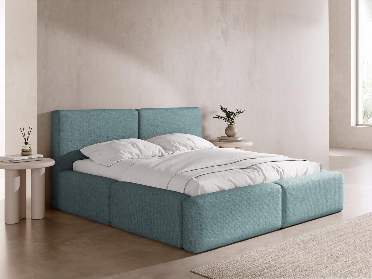 POLSTERBETT Duo mit Bettkasten, Metall-Lattenrost & hohem Kopfteil in Türkis Chenille 160x200 cm - Türkis/Birkefarben, Kunststoff/Textil (160/200cm) - WFL GROUP