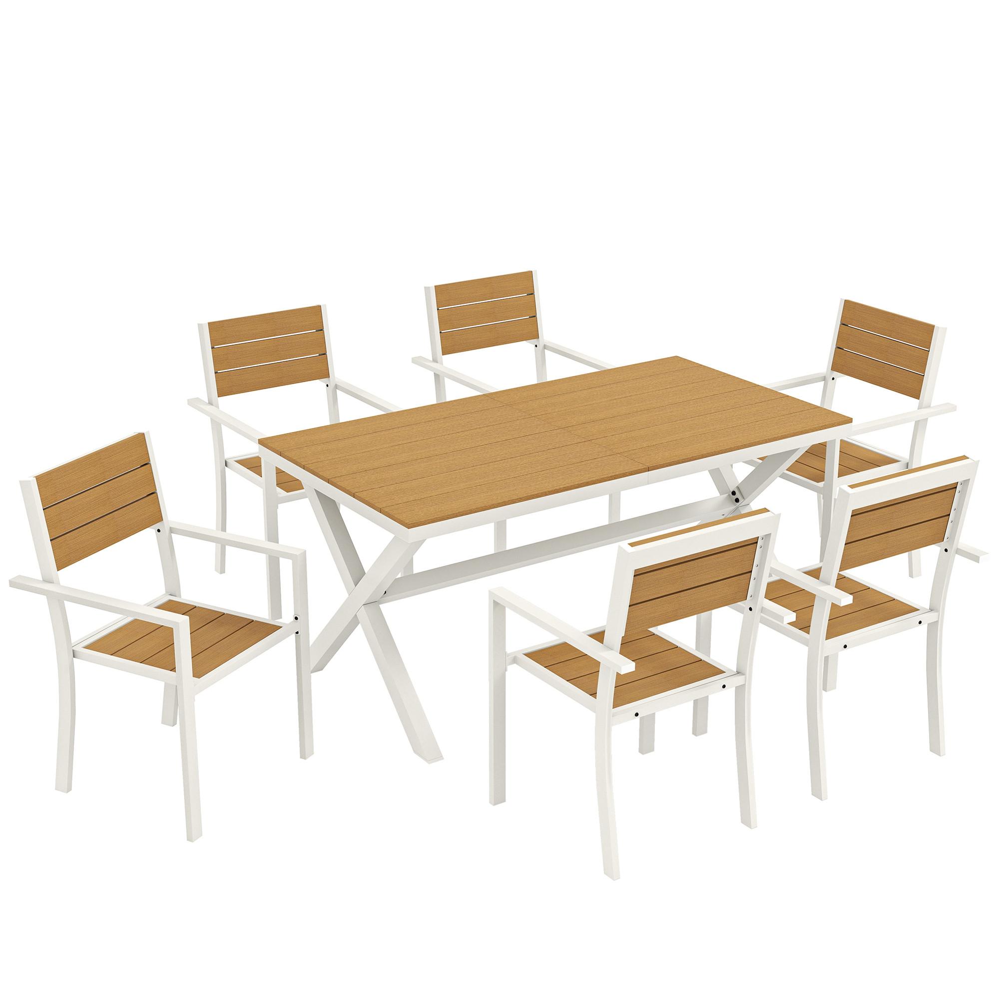 OUTDOOR-ESSGRUPPE 7er Set Aluminium Kunstholz Teak - Weiß, Kunststoff/Metall - Outsunny