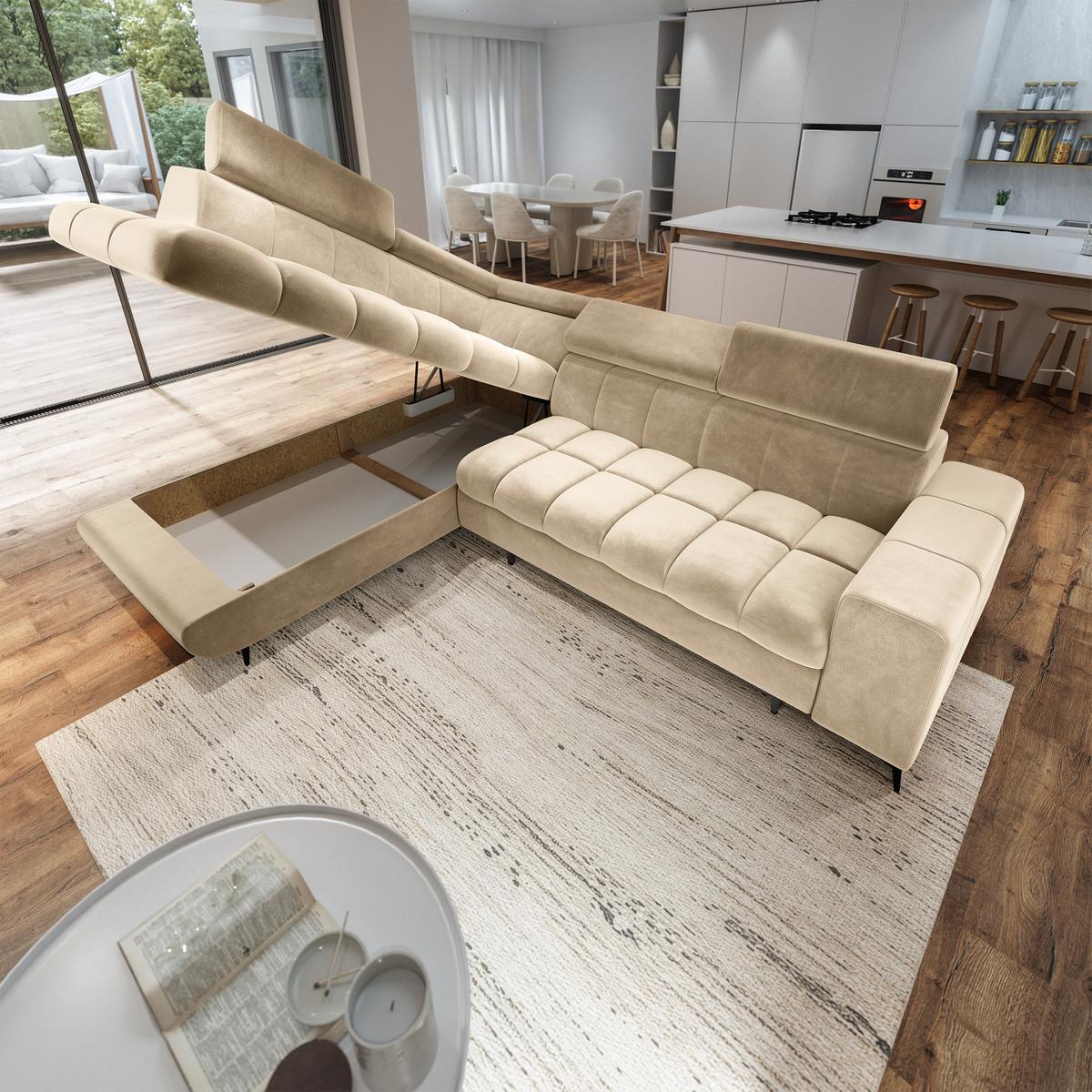 ECKSOFA MORIVA L-S Creme Velours-Stoff mit Schlaffunktion - Creme, Holz (253/190cm) - MASSENO
