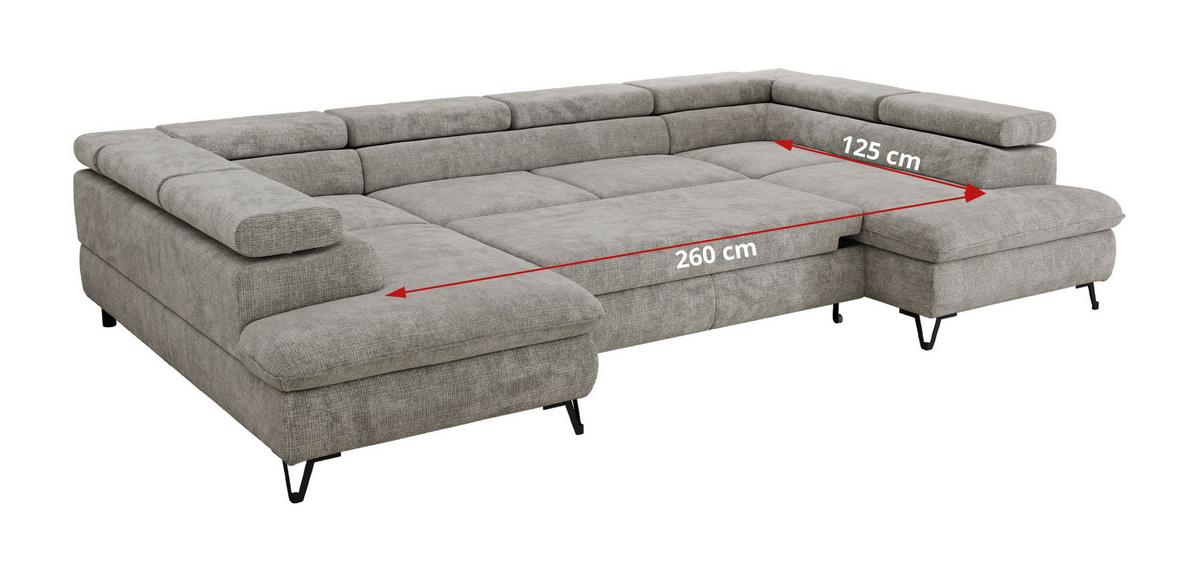 WOHNLANDSCHAFT PABLO U Schenille grob gewebt Hellgrau mit Topper Visco - Hellgrau/Schwarz, Textil/Metall (346/76/208cm) - MKS