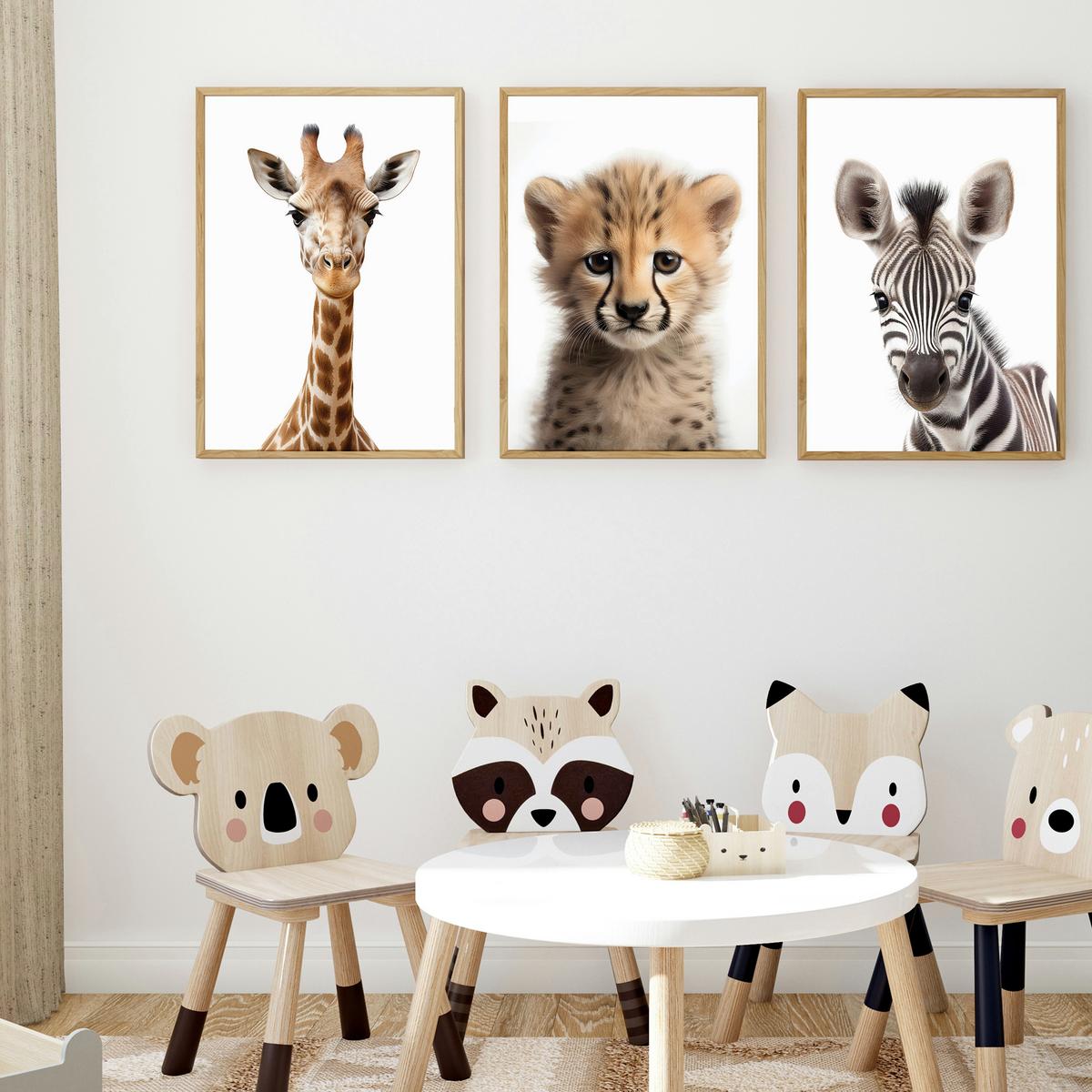 POSTER SET ohne Rahmen für Kinderzimmer WILDTIERE Giraffe Gepard Zebra A3 30x42cm - Gelb/Schwarz, Papier (30/42/1cm) - Muralo