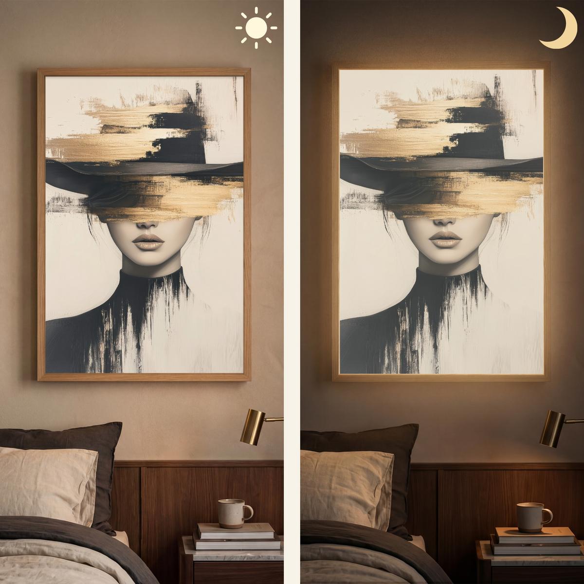 WANDLEUCHTE MIT AKKU Frau - Hut - Farbe 70x100 cm - Creme, Holzwerkstoff (70/100/8cm) - OnlyWow