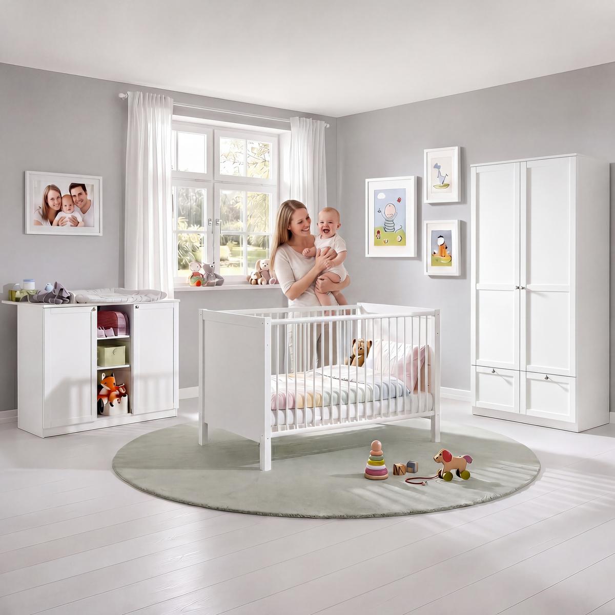BABYZIMMER-SET 3-teilig: Babybett & Wickelkommode & Kleiderschrank 2-türig mit Schubladen B90/H200/T58 cm, Soft-Close, Landhausstil Weiß / 22802 - Silberfarben/Weiß, Holzwerkstoff/Metall (76/83/146cm) - luma-home