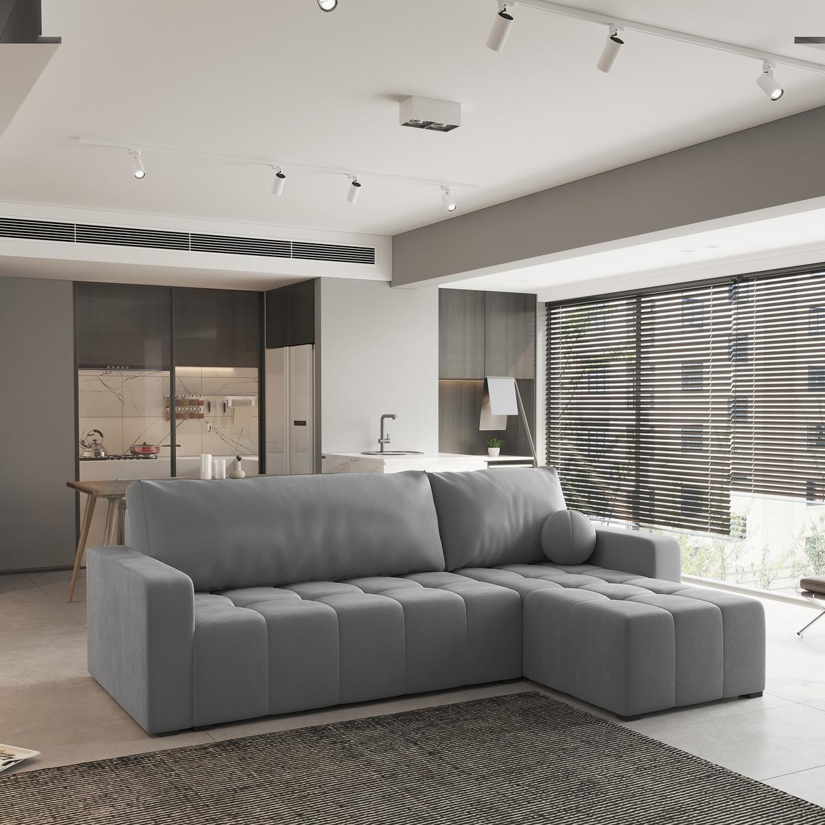 ECKSOFA VOLIRA Grau Plüsch-Stoff mit Schlaffunktion - Grau, Holz (230/143cm) - MASSENO