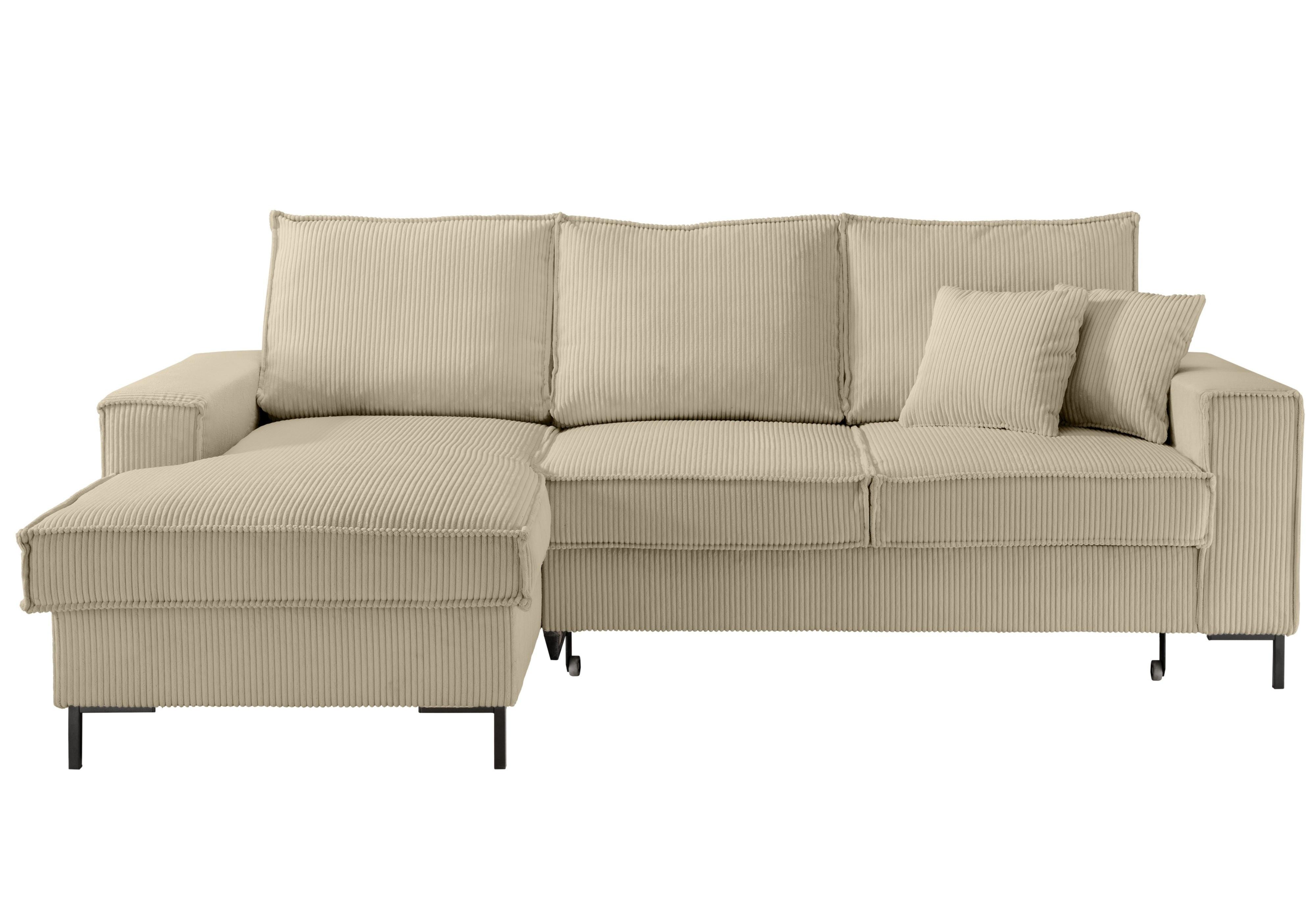 ECKSOFA mit Schlaffunktion, Bettkasten, Wellenunterfederung, Récamiere links B240/T150/H92 cm, Liegefl. 125x198 cm, Cord Beige Grau / 17223 - Greige/Schwarz, Textil/Metall (240/150cm) - luma-home
