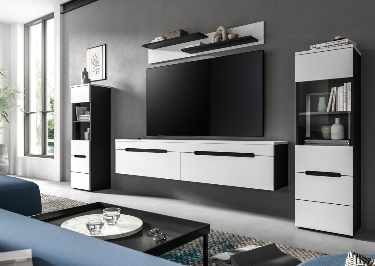 WOHNWAND weiß, grau, Wohnkombination 4-teilig hängend / stehend 272 cm, Cooper - Schwarz/Weiß, Glas/Holzwerkstoff (272/141/33cm) - Inn.Furn
