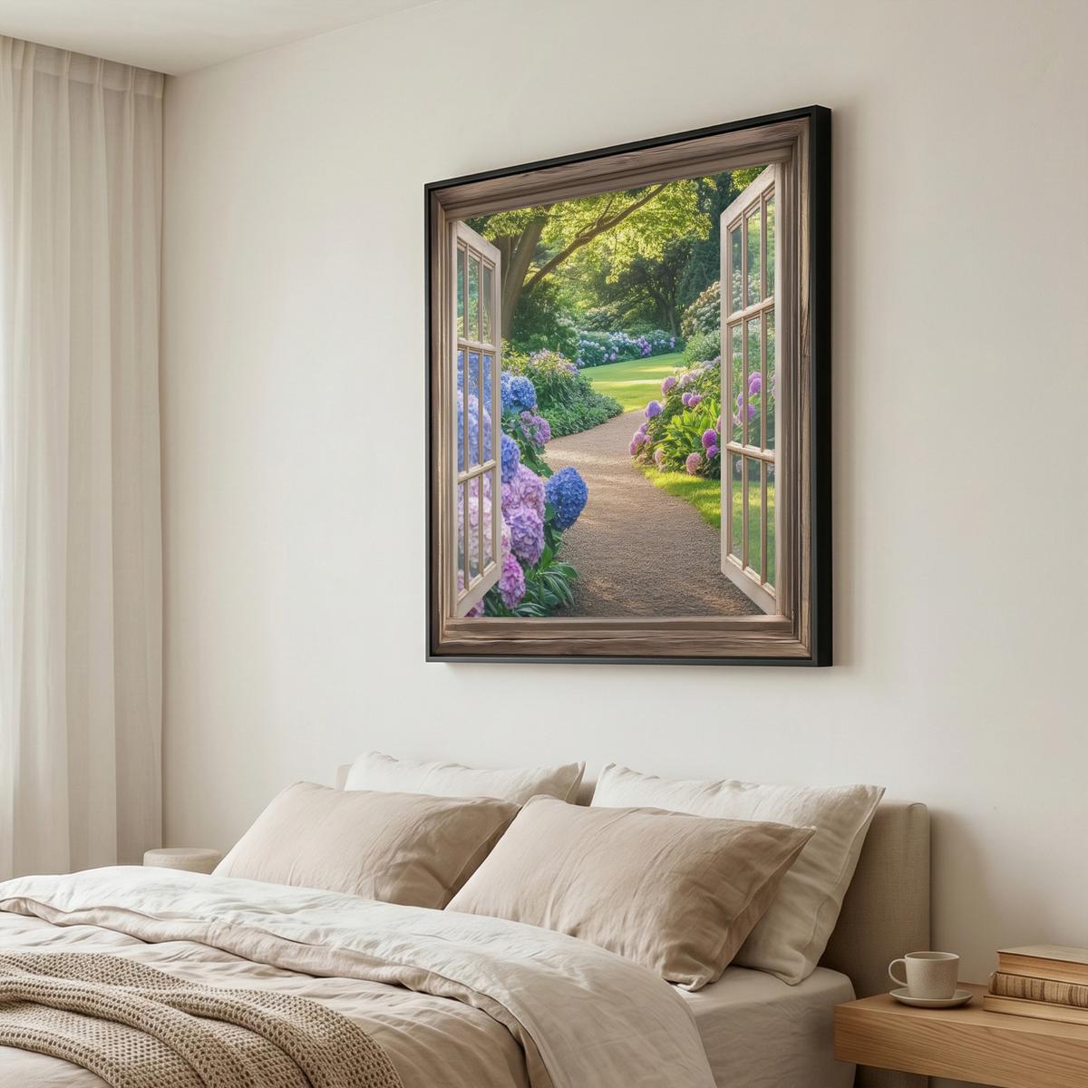 LEINWAND Bilder mit Rahmen - Aussicht - Garten - Fenster - Hortensie - Blumen - 90x90 - Pastellblau, Textil (90/90cm) - MuchoWow