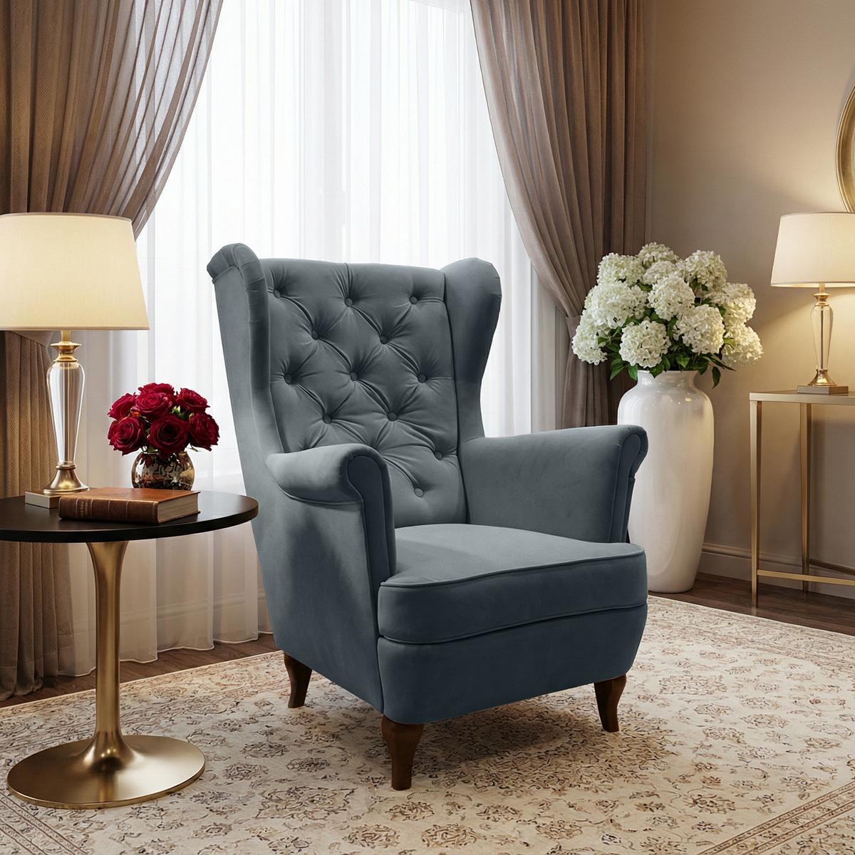 CHESTERFIELD-SESSEL Falco dunkellgrau mit Holzbeinen - Wengefarben/Dunkelgrau, Holz/Textil (82/102/92cm) - Beautysofa