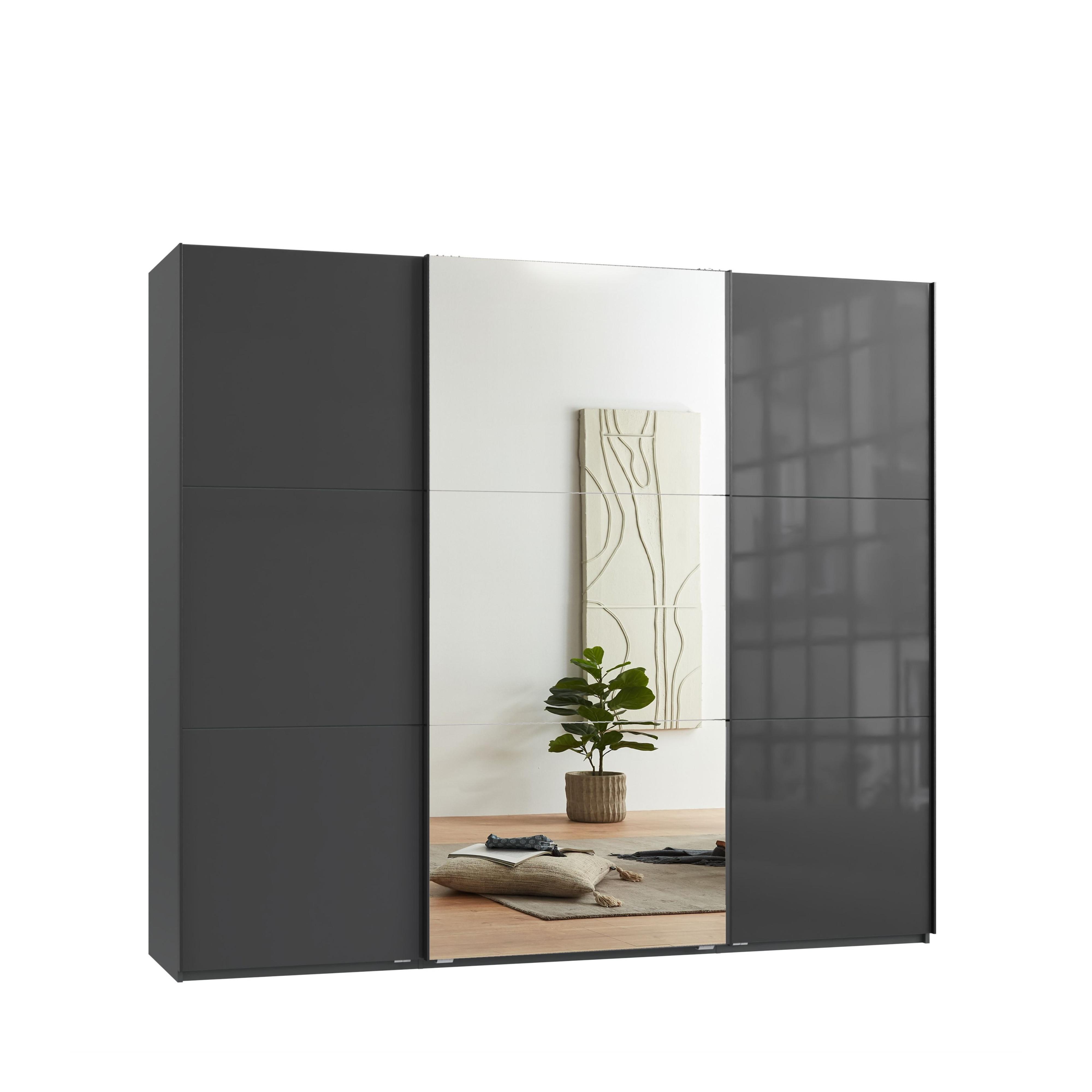 SCHWEBETÜRENSCHRANK 3-türig B250/H216/T65 cm in Anthrazit mit Glasfront, eine Spiegeltür, Kleiderschrank inkl. Vollausstattung / 22035 - Eichefarben/Anthrazit, Holzwerkstoff/Metall (250/216/65cm) - luma-home