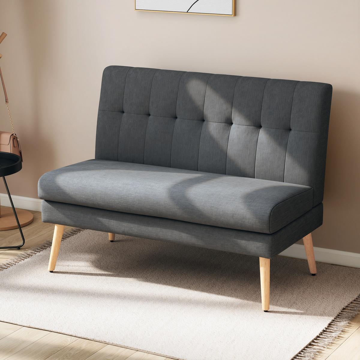 SOFA 2 Sitzer Couch mit Leinenoptik, Getuftete Rückenlehne, Dunkelgrau - Dunkelgrau/Naturfarben, Holz/Textil (68/90/118cm) - HOMCOM