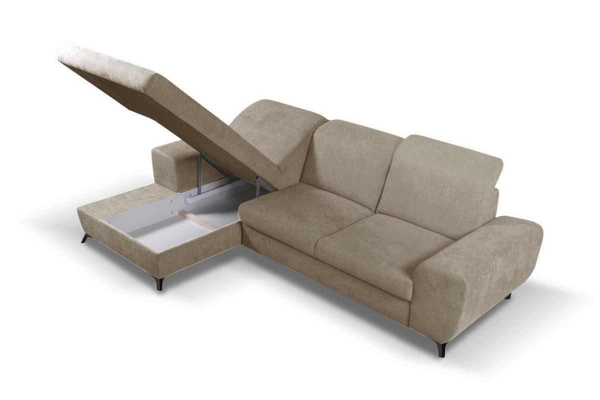 ECKSOFA LUCE L-S Beige Plüsch-Stoff mit Schlaffunktion - Beige, Holz (279/172cm) - MASSENO