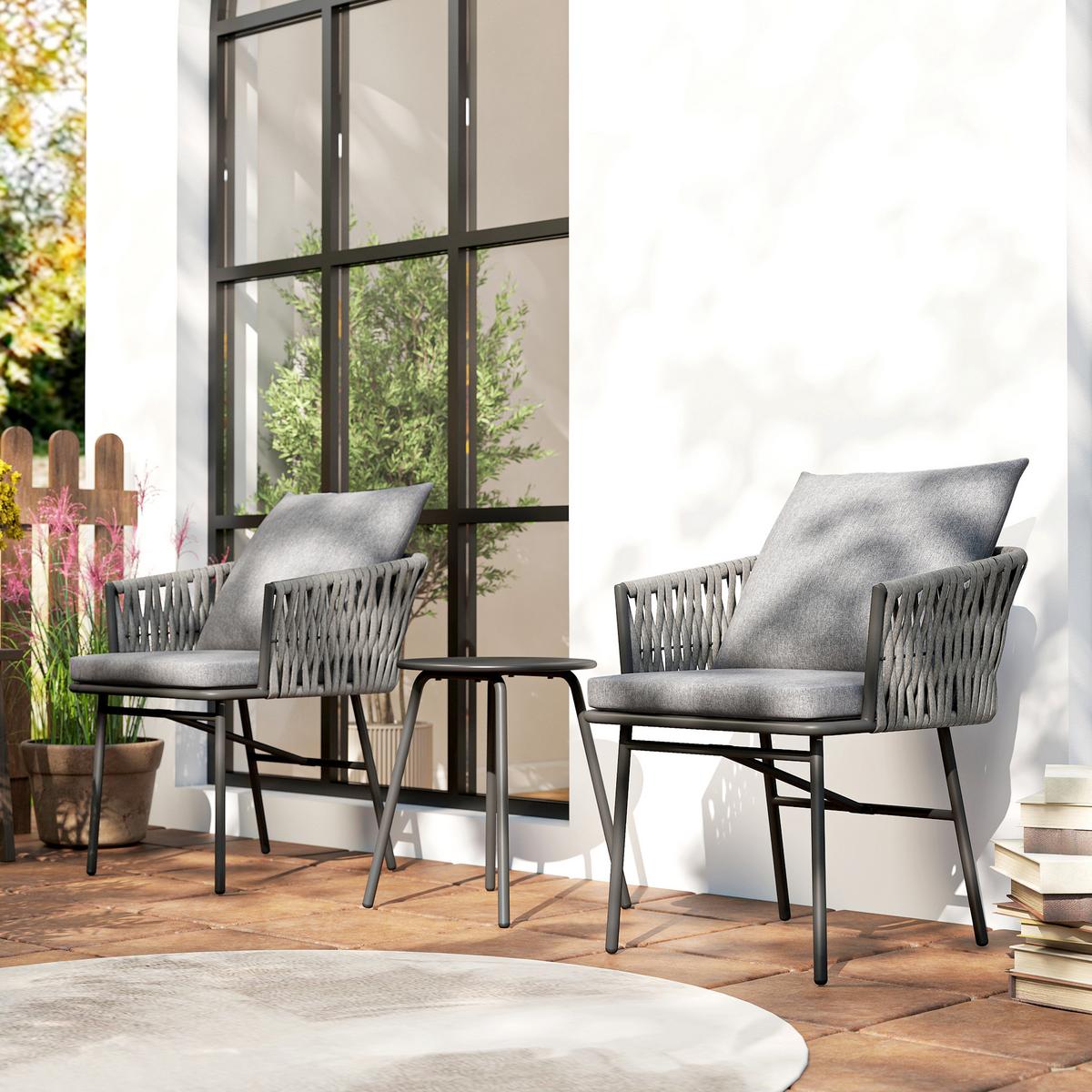 RATTAN-BISTROSET 3er Set Stahl PE-Rattan Grau - Grau, Textil/Metall - Outsunny