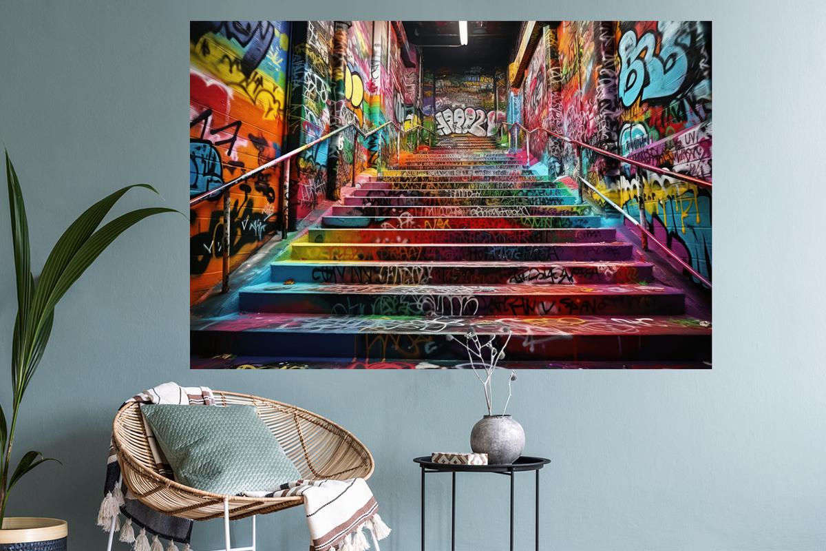 WANDTATTOO Treppe - Graffiti - Farben - Kunst Wandsticker 120x80 cm - Multicolor, Kunststoff (120/80/0.1cm) - MuchoWow