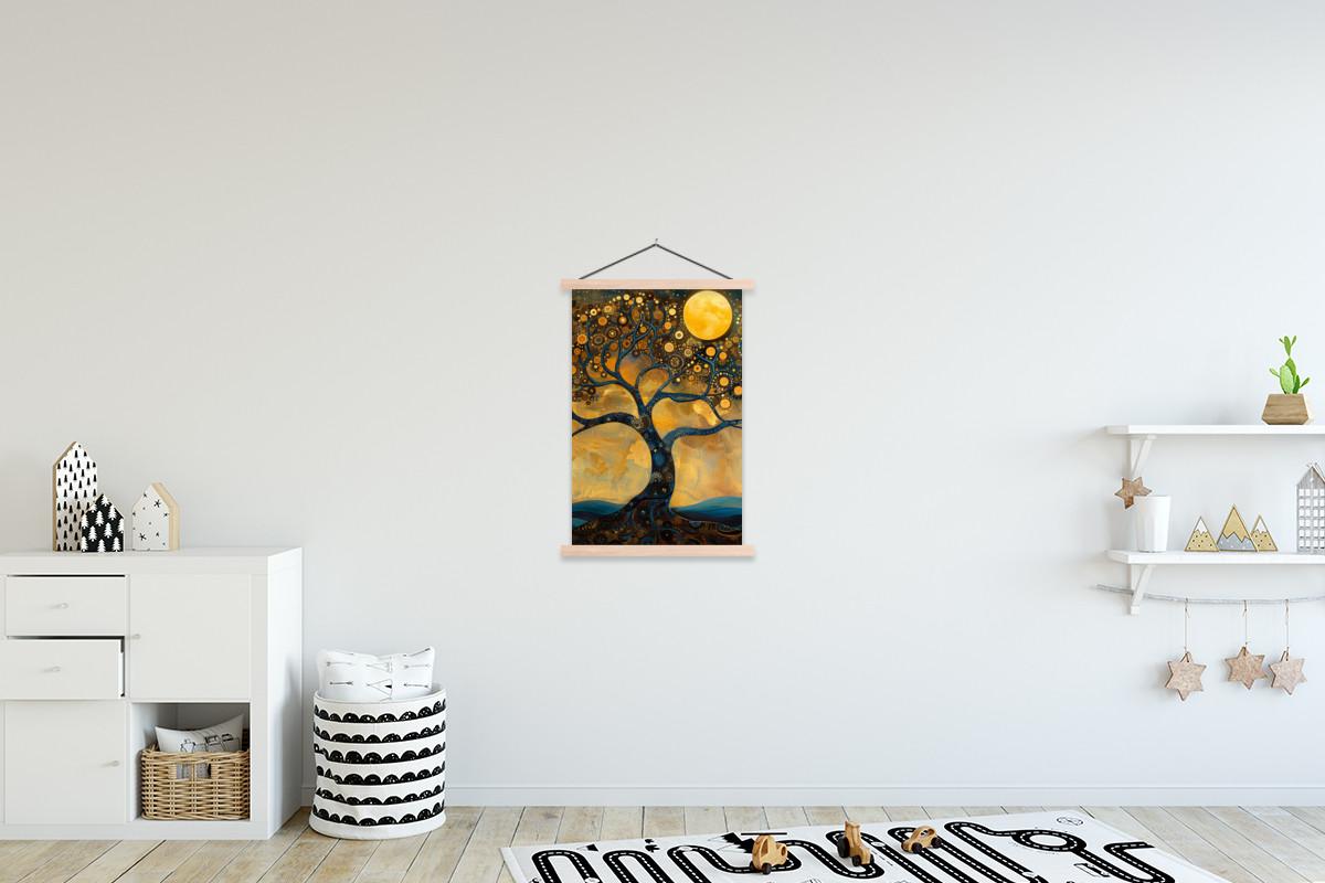 POSTER MIT MAGNETLEISTEN Baum - Mond - Blumen - Gold - Kunst Wandbild Schlafzimmer 60x90 cm - Orange, Textil (60/90/0.15cm) - MuchoWow