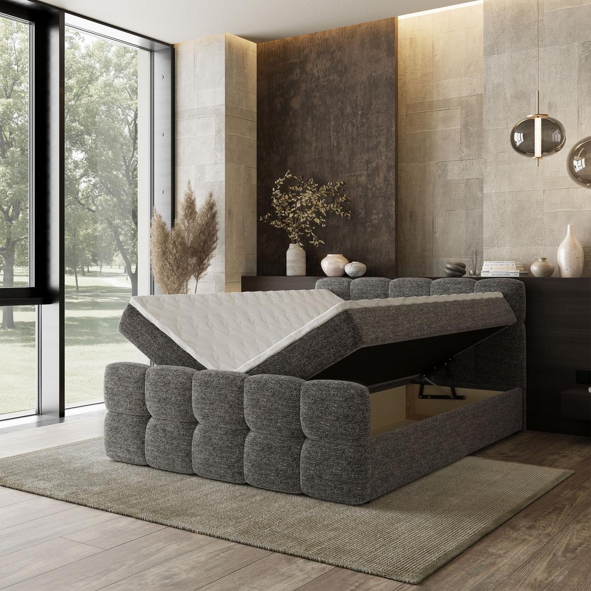 BOXBETT BRUME 180x200 cm mit Matratze und Topper, H2+H3 - Grau - Grau, Holz (180/200cm) - MASSENO