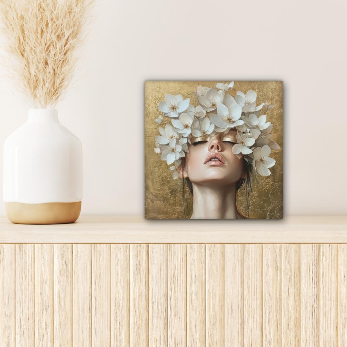 LEINWANDBILD Gesicht - Blumen - Gold - Abstrakt Deko Wohnzimmer 20x20 cm - Goldfarben, Textil (20/20cm) - MuchoWow